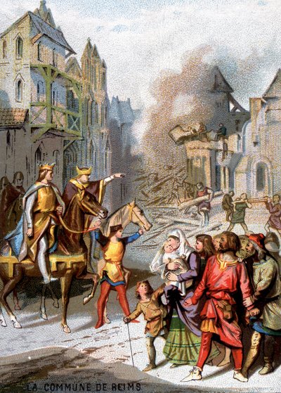 Kommunen Reims (1160) - Repressalier av Ludvig VII för att förstöra de kommunala friheterna för borgarna i Reims. Chromolithography of the Series "" Patriotic Education through Image"". av French School
