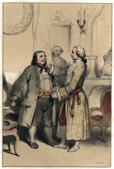 Kompositören Joseph Haydn tog emot en man som kom för att be honom komponera en meny till hans dotters bröllop. Tallrik hämtad från "" Scenes de la vie des hommes famous""" gravyr i två nyanser av Valerio. 1843. av French School