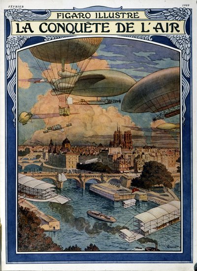 Luftens erövring: luftskepp, ballong och varmluftsballong över Paris - omslag i Figaro Illustrated från februari 1909 av French School