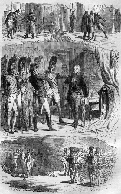 Konspirationen av Claude Francois de Malet (Claude-Francois Malet) (1754-1812) general från Empire, författare till 1812 års statskupp mot Napoleon, under den ryska reträtten. Gravyr i "Historien om påvarna-kungarna-drottningarna och kejsarna genom århundr av French School