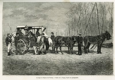 Kursen eller flit på präriernas häst, teckning av A.Dupuis, för att illustrera historien om en utflykt till Kanada och den norra röda floden, 1873, av H. de Lamotte. Gravyr i Le tour du monde av French School
