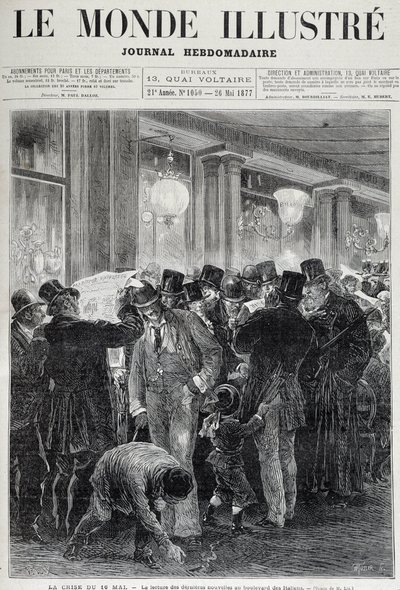 Krisen den 16 maj: läsa tidningar - i "Le monde illustrious"" i maj 1877 av French School