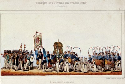 Bryggares och kukares dans under industrikortegen i Strasbourg den 25/06/1840. Litografi av Simon av French School