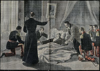 Döden av Felix Faure (1841-1899), Frankrikes president, Abbe Renault gav honom absolutionen. Gravyr i "" Le Pelerin"" 1899-02-26. av French School