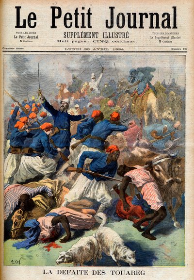Tuaregernas nederlag. Franska kolonialtrupper under befäl av överstelöjtnant Joseph Joffre (1852-1931) - Touaregernas nederlag. Illustration för Le Petit Journal, 30 april 1894 (gravyr) av French School