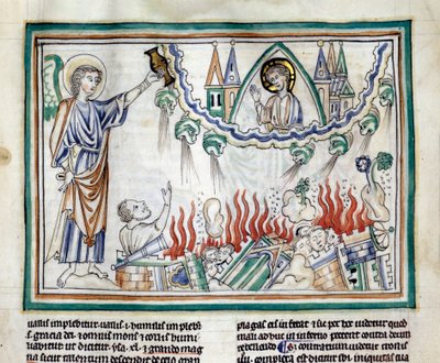Förstörelsen av Babylons miniatyr hämtad från "The Apocalypse of Cambrai"" upplyst av den franska skolan på 1200-talet. Ms 422. Kommunalbibliotek, Cambrai av French School