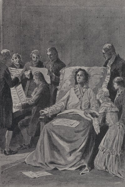 Den döende Wolfgang Amadeus Mozart lyssnar på sina vänner framför sin kantat In Praise of Friendship (gravyr) av French School