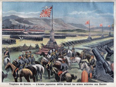 Slutet på den japanska rysskonflikten, Japans segerrika armé sitter framför det ryska vapenövertagandet, i "Le Petit Parisien", den 24/06/1906 (gravyr) av French School