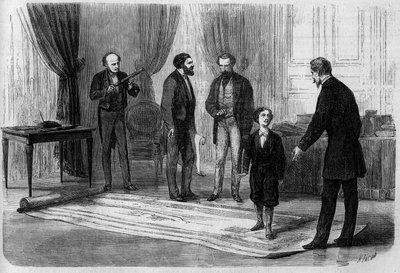 Ingenjören Boutet presenterade sin plan för en järnvägsbro mellan Frankrike och England för kejsar Napoleon III (1808-1873), i närvaro av sin son Prince Imperial (1856-1879) av French School