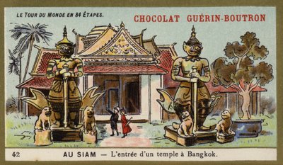 Ingången till ett tempel i Bangkok, Siam (chromolitho) av French School