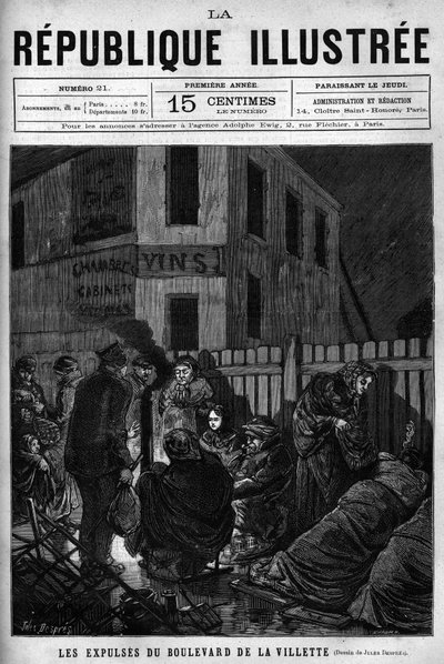Vräkningarna av Boulevard de la Villette: arbetare som utvisats från en parisisk stad måste sova på gatan (S.D.F.). En tidning. Gravyr från 1880 i "La republique illustree"" privat samling. av French School