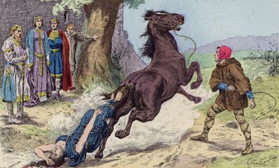 Chlothar II:s avrättning av Brunhilda av Austrasien, 613 (färglitografi) av French School