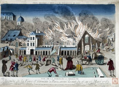 Branden på St Germain-mässan i Paris, natten mellan den 16 och 17 mars 1762 - gravyr av French School