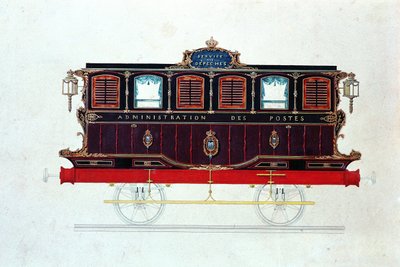 Den första postbilen i Frankrike, ca 1830-48 (penna & bläck och wc på papper) av French School