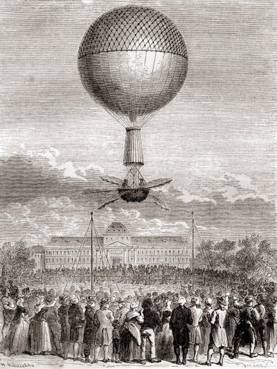 Jean-Pierre François Blanchards första framgångsrika ballongflygning den 2 mars 1784, i en vätgasballong uppskjuten från Champ de Mars, Paris, Frankrike, från Les Merveilles de la Science, publicerad ca 1870 (gravyr) av French School