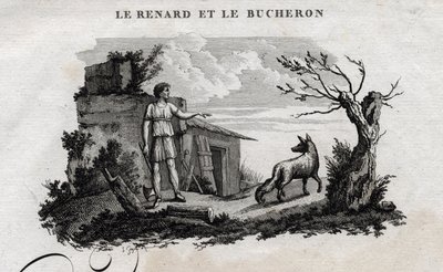 Räven och skogsmannen. Fabel av Esope. (Grekisk författare Esopo eller Ecopus, 600-talet f.Kr.) Skriven av Guillaume Montfort och Gravees av Beauble 1801. av French School