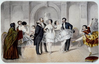 Operans foajé (Opera Garnier i Paris). En tutu-dansare som chattar med herrar som kom för att hälsa på dem eller tog några steg för att dansa. Gravyr av French School