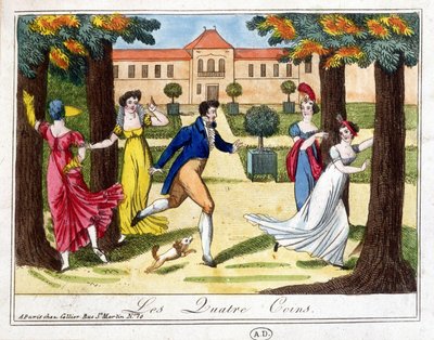 Spelet om de fyra hörnorna. Gravyr tidigt 1800-tal. av French School