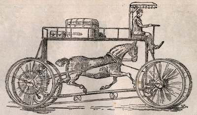 Hippocycle: uppfinning för "hästvård" som ett transportmedel efter ankomsten av bilar och cyklar. Gravyr i "" Le Pelerin"" av 9 augusti av French School