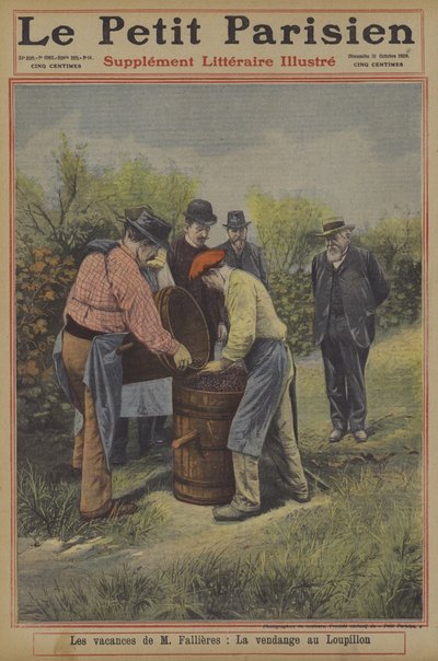 Frankrikes president Fallieres helgdagar: druvskörden i hans hem i byn Loupillon (färg litho) av French School