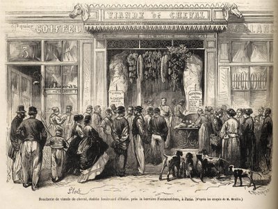 Hästslaktaren vid barriere de Fontainebleau (Paris) öppnade 1866 - butcherie chevaline - Boucherie Meat de Cheval Boulevard Italien nära barriere de Fontainebleau 1866) Gravyr i "Le monde illustrious" från 1866 av French School