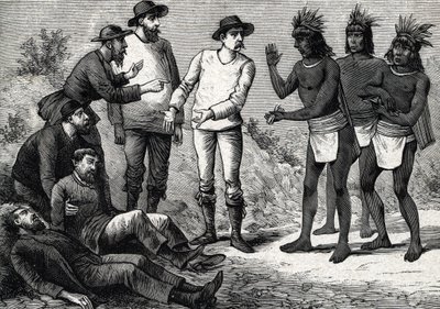 Invånarna i Peru hjälper de koloniala européerna som lider av malaria med Cinchona (gravyr) 1888 av French School