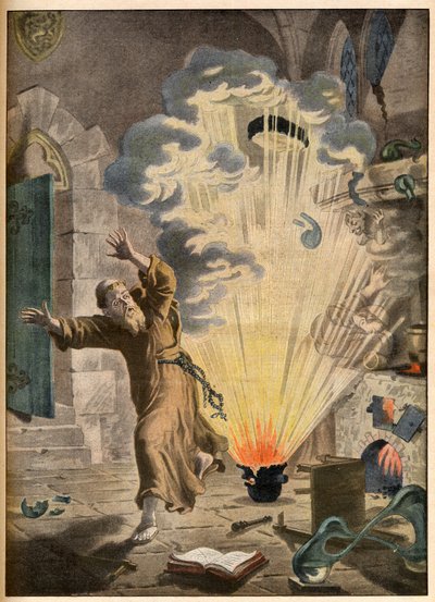 Uppfinningen av krut av den tyske munken och alkemisten Berthold Schwartz (ca 1318-1384) - Illustrerande uppfinningar. Pulvret. Illustration för Le petit Journal, 27 januari 1901. av French School
