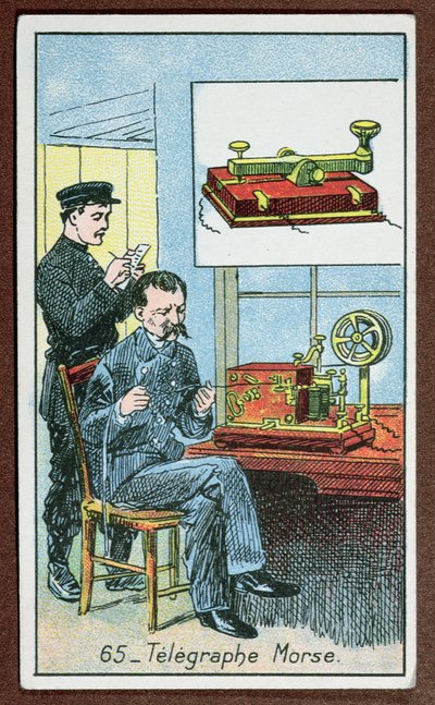 Uppfinningen av telegrafi med morsekod, nummer 65 i en serie kort som visar stora uppfinningar, ca 1910 av French School