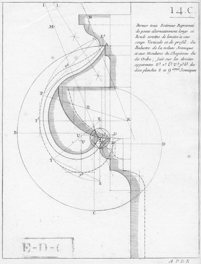 Det joniska kapitalet, illustration från en bok om geometri, publicerad With Privilege du Roy och E.. du Gouvernement av French School