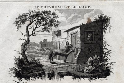 Ungen och vargen. Fabel av Esope. (Grekisk författare Esopo eller Ecopus, 600-talet f.Kr.) Skriven av Guillaume Montfort och Gravees av Beauble 1801. av French School