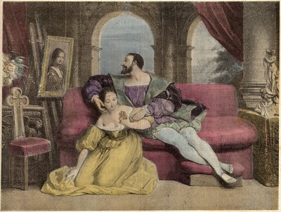Frankrikes kung Francois I (1494-1547) och det vackra järnverket. Litografi av Daveria från 1838 i ""Laghs Et Galanterie"". Weekly Collection of Galantes Images på regi av John Grand-Carteret. 1903-1904. av French School