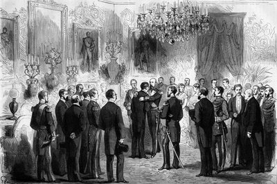 Sveriges kung Oscar II (1829-1907) tog emot upptäcktsresande Nils Adolf Erik (Eric) friherre Nordenskjold (Nordenskiold) (1832-1901) och löjtnant Palander på Kungliga slottet i Stockholm. År 1878 gick Nordenskjold från Atlanten till Stilla havet av French School