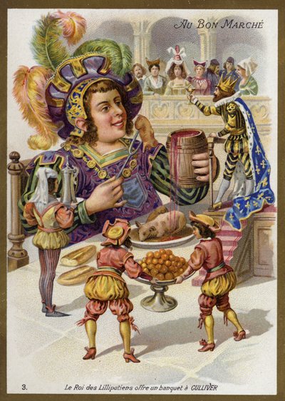 Kungen av Lilliputians kastar en bankett för Gulliver (chromolitho) av French School