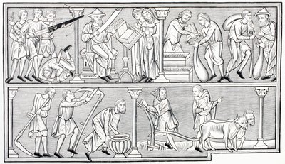 Krigets, vetenskapens, handelns och jordbrukets arbete, efter en miniatyr i en psalter från 1200-talet, från Les Arts au Moyen Age, publicerad 1873 av French School