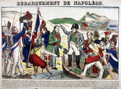 Landningen i Juan-bukten: Napoleon I återvände till Frankrike den 1 mars 1815 efter exilperioden på ön Elba. Bild på Epinal av French School