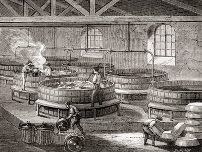Tillverkning av tvål i stora tankar på 1800-talet, från "Les Merveilles de la Science", publicerad ca 1870 (gravyr) av French School