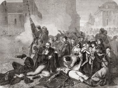 Massakern på civila på Slottstorget, Warszawa, den 8 april 1861 av ryskt infanteri och kavalleri, från "L"Univers Illustré", 1866 av French School