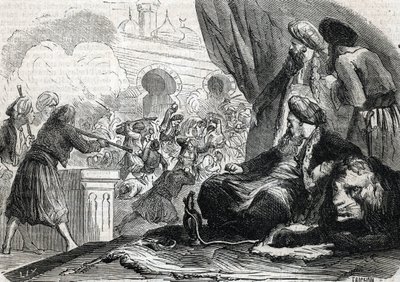 "Massakern på janitsjarernas armé 1826 av Sultan Mahmoud II, Konstantinopel" (gravyr) 1864 av French School