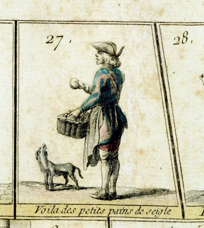 Handelsmannen med rågrullar Detalj av ett gåsspel från Paris skrik och gamla metiers. 1700-tal Privat samling av French School