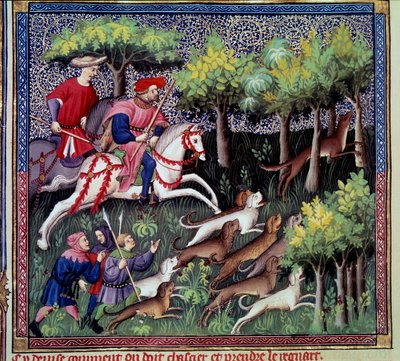 Miniatyrrävjakten från "" The book of hunting"" av Gaston III Phoebus, greve av Foix, Lord of Bearn (1331-1391) av French School