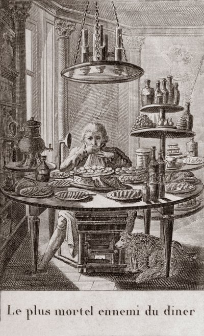 Middagens mest dödliga fiende - gravering i "" Almanach av gourmeter, tjänar som en guide på sätt att göra utmärkt kära. Av en gammal amatör”” av Alexandre Balthazar Laurent Grimod de la Reyniere - 1804-1812 av French School