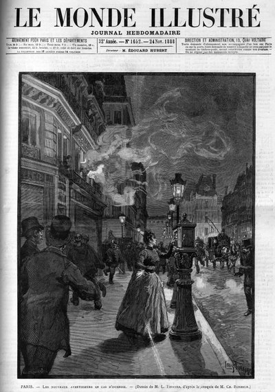 De nya brandvarnarna i Paris 1888. Omslag till "The Illustrous World"" från 1888. av French School