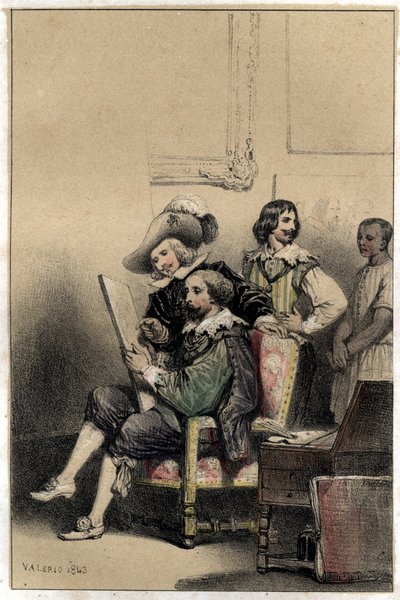 Målaren Diego Velasquez (1599-1660) välkomnar i sin ateljé Pierre Paul (Pierre-Paul) Rubens (eller Peter Paul eller Petrus Paulus) (1577-1640). Tallrik hämtad från "" Scenes de la vie des hommes famous""" gravyr i två nyanser av Valerio. 1843. av French School
