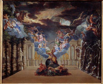 Tidens palats, dekor av prologen till "Atys" av Jean Baptiste Lully (Giovanni Battista Lulli) (1632-1687) skapad 1676 Myhologiska figurer som Merkurius, Hermes är representerade. Anonym målning av den franska skolan på 1600-talet. Paris av French School