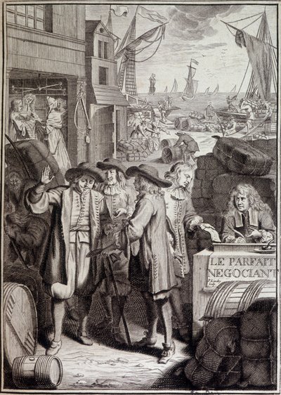 Den perfekta förhandlingen (avslutning av en marsch i en hamn på 1700-talet) - framsida av ett verk av Jacques Savary av French School