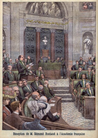 Poeten och dramatikern Edmond Rostand tas emot i Academy Francaise för "Le Petit Journal" av French School