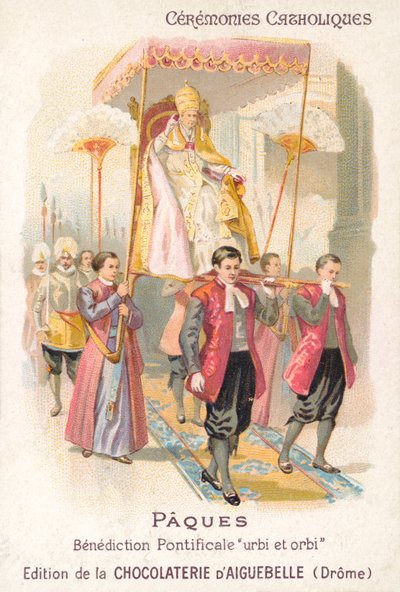 Påven bärs för att göra sin traditionella påskvälsignelse (chromolitho) av French School