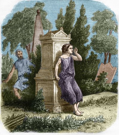 Antikens prostituerade, Grekland: Hetaires gjorde öppet sin lilla metier. Engravurein "Prostitutionens och utsvävningens historia bland alla världens folk från antiken till våra dagar" av Dr Th. -F. Debray. 1879. av French School