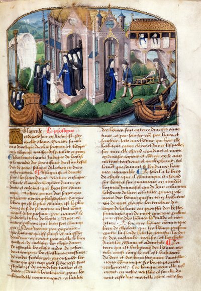 Mottagandet av en novis och välkomnande av en patient, från Le Livre de Vie Active de lHotel Dieu de Paris av Jean Henry, ca 1482 (se även 236790) av French School