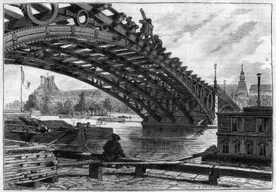 Reflexionen av däcket på Saints Peres bro (Pont du Carrousel) 1883 (Saints-Peres) - gravyr i "" Le journal illustrious"" av French School